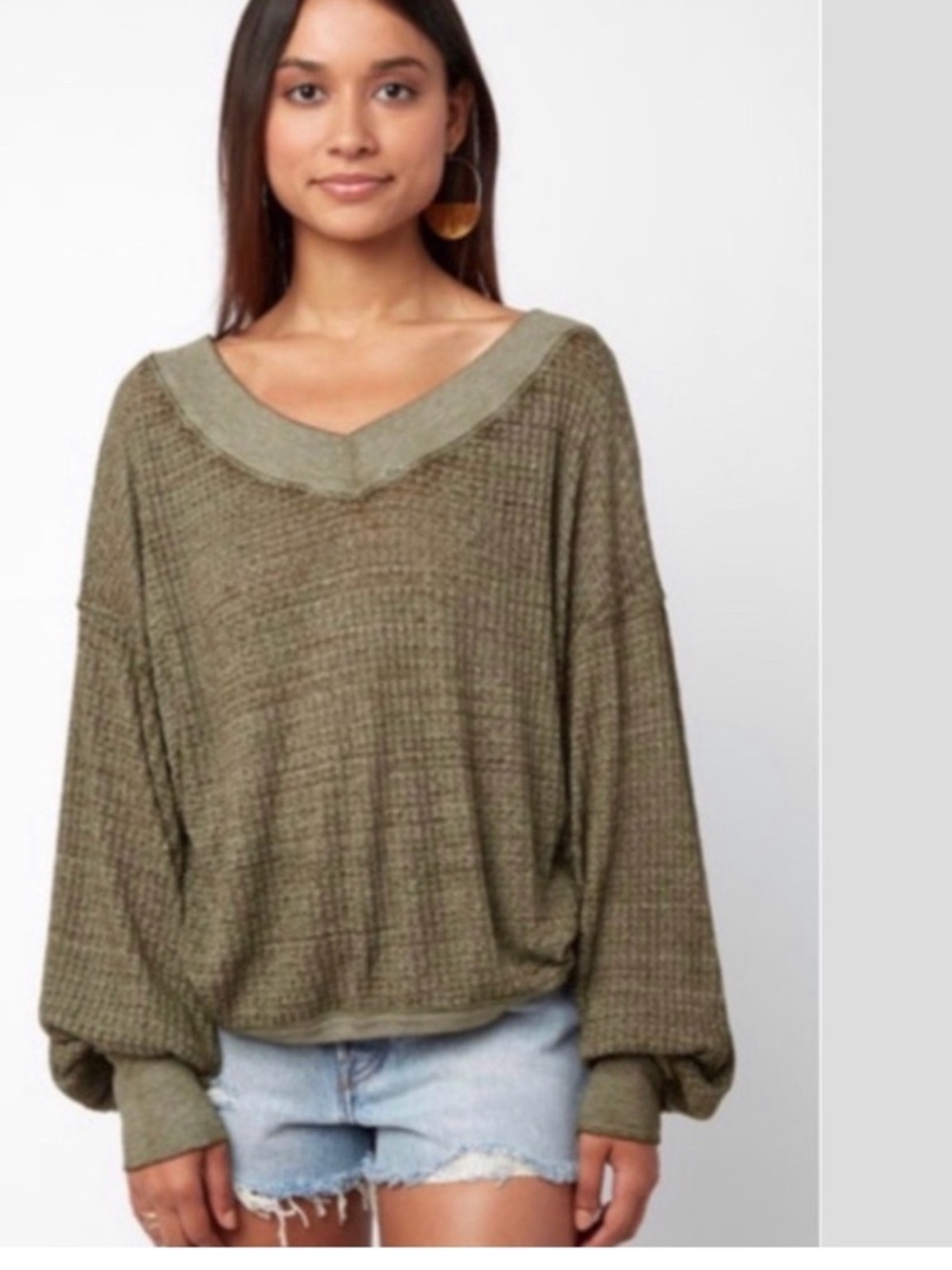 FREE PEOPLE WE THE FREE South Side Thermal Top Moss Green Size XS Oversized